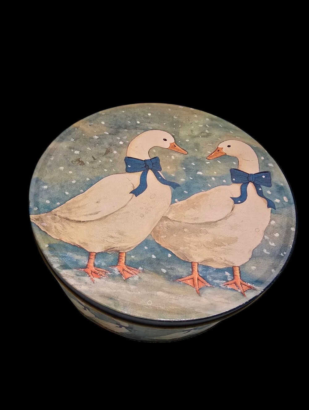 Vintage | Round Decorative Tin with Ducks and Blue Bows